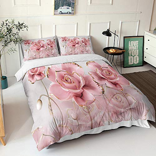 Surwin Juegos de Fundas para Edredón y Almohada 3 Piezas, Microfibra 3D Rosa Juego de Cama para Cama 135 o 150cm con Flor Impresa Funda Nórdica y 2 Funda de Almohada (Sonriente,180x220cm)