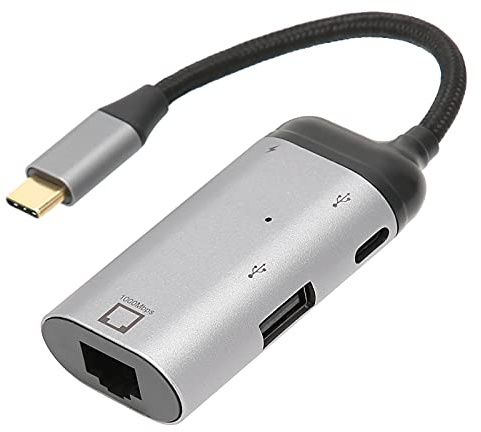Sxhlseller 3-in-1 Ethernet-Adapter, 10/100/1000 Mbit/s Typ-C-Stecker auf RJ45-Buchse, PD, USB 2.0-A Port, Schnellladefunktion für Smartphones, Tablets