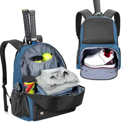 DSLEAF Tennis Backpack, Tennis Bag for Pickleball, Badminton, Squash Sports | Holds 2 Rackets, Separate Ventilated Shoe Compartment, Handle and Adjustable Shoulder Strap