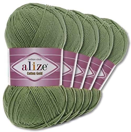 Wohnkult Alize 5 x 100 g Cotton Gold Premium Wolle| 39 Farben Sommerwolle Garn Stricken Amigurumi (485 | Grün)