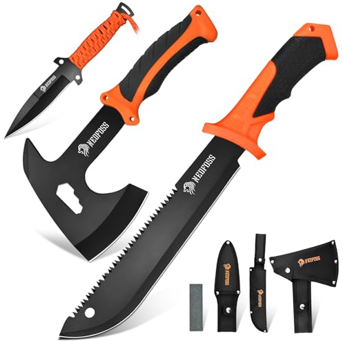 NedFoss 15 Inch Machete, 10 Inch Camping Axes and Hatchets Machetes Knife Set with Shock Reduction Handle, Machete for Yard Work Cutting Trees Heavy Duty Bushcraft Garden Clearing Survival Gifts