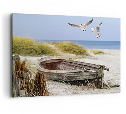 ARTTOR Wandbilder Dekoration Wohnzimmer Strand Möwen Łódź Bilder auf Leinwand 120x80cm Leinwandbild Schlafzimmer Küche Deko Wand Kunstdruck Art Groß XXL Wanddeko Bild Wall Decor Canvas AA120x80-4170