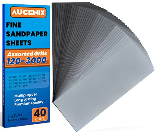 Aucenix Papel de lija de 40 unidades, 120 a 3000 granos mixtos para madera, hojas de papel abrasivo impermeables finas y gruesas, para paredes, plástico metálico