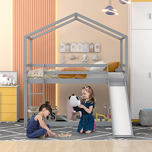 ZYLOYAL10 Kinderbett Hausbett, Niedriges Etagenbett mit Rutsche, Massivholz-Etagenbettrahmen mit Lattenrost 90 x 200 cm (Grey)