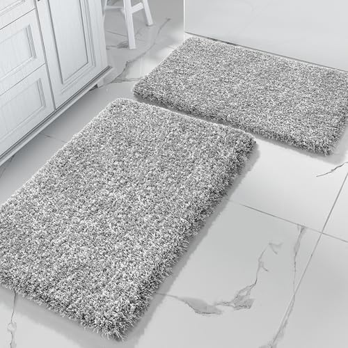 Yimobra Bathroom Rug Set 2 Piece, Soft Absorbent Microfiber Bath Mat Set, Non Slip Machine Washable Dry, Plush Shaggy Shower Rugs for Bathroom Floor, 32x20+24x17, Light Gray and White