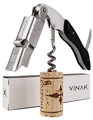 VINAK Sacacorchos camarero profesional XPERT en acero inoxidable y madera de ébano con doble apoyo articulado + abrebotellas + navaja cortacápsulas y espiral profesional
