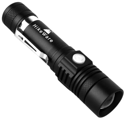 HikeWare Ultra Bright LED Flashlight. Camping Accessories, Waterproof, Zoomable, USB Rechargeable Torch, Powerful Tactical Light