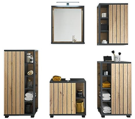 Nizza Badezimmermöbel Set in Graphit, Artisan Eiche Optik - Modernes Badmöbel Set 5-teilig bestehend aus 2 Kommoden, Hängeschrank, Unterschrank & Spiegel - 220 x 200 x 37 cm (B/H/T)