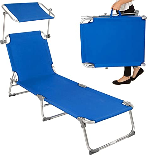 Ultraleichter Campingstuhl, Terrassen-Chaiselounge, verstellbarer Garten-Strandstuhl mit Baldachin, robuste, zusammenklappbare Liegewiege zum Sonnenbaden, für Balkon am Pool im Freien, Schwarz (blau)