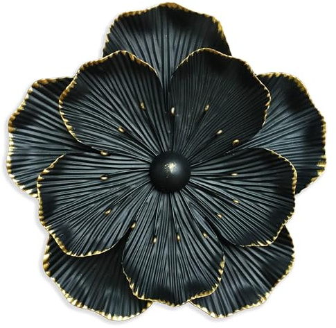 Metal Flower Wall Art Decor, 9 Rustic Modern Floral Sculpture, Distressed Iron Wall Hanging Home Decoration Accent Artworks for Indoor Kitchen Bedroom Living Office Outdoor Garden Patio (35C-Black)