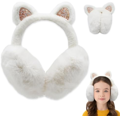 Udbrud Cache-Oreilles pour Enfant, Cache-oreilles en Forme de Chat Mignon Cache-Oreilles en Peluche Chauffe-Oreilles Hiver Chaud Fourreau d'Oreille Hiver Filles Garçons pour Ski Cadeau Noël (Blanc)