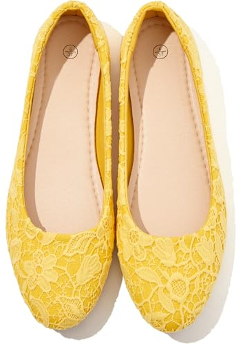 Shupua Yellow Flats for Women Lace Ballet Flats Dressy Shoes for Office