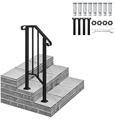 Handrail for Outdoor Steps, Handrail Outdoor Stairs, Black Iron Matte 1/2/3/4 Steps Handrails Stair Rail with Installation Kit (1-Step Handrail)