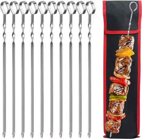 10 PCS BBQ Skewers Stainless Steel Food Meat Kebab Skewers Grill Meat Cooking Barbecue Cooking Sticks 14Inch Metal Kebab Sticks Reusable for Outdoor BBQ, Family Party, Shish Kabob