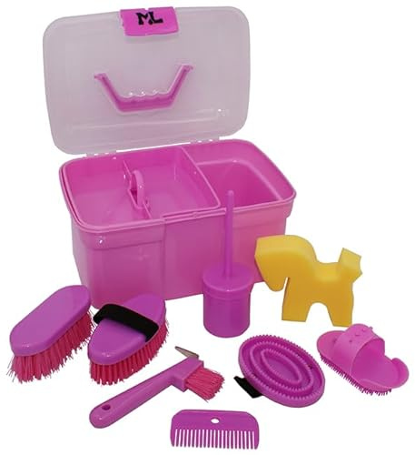 Manfred Lübke Putzbox für Kinder - 8-teilig - Pink, Lila - Inhalt: Putzbox, Striegel, Mähnenkamm, Hufauskratzer, Fettpinsel, Gummistriegel, Mähnenbürste, Schwamm - Größe: ca. 30 x 20 x 19 cm
