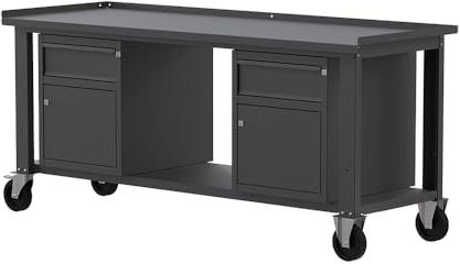 SOGI X3N_123AR Werkbank mit Rollen 2 m - Stahlplatte - 2 Schränke mit Tür und Schublade