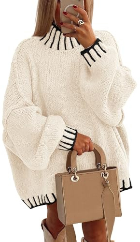 PRETTYGARDEN Women's 2026 Fall Oversized Pullover Sweaters Long Sleeve Mock Neck Chunky Knit Jumper Tops Winter Clothing (White,Medium)