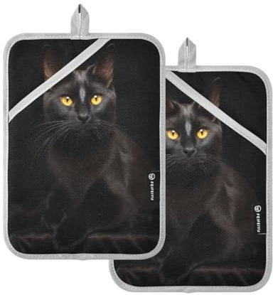 JUMBEAR Set di presine a forma di gatto nero con tasca, per cucina, resistenti al calore, presina, guanti da forno, sottopentola per cottura al forno, 17,8 x 22,9 cm