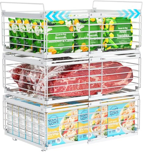 iSPECLE Chest Freezer Baskets, for 283L-566L Chest Freezer, 3 Pack Heavy-Duty Stackable Freezer Organiser to Double Your Storage Space, Robust Metal Sorting System for Bulk Food, White