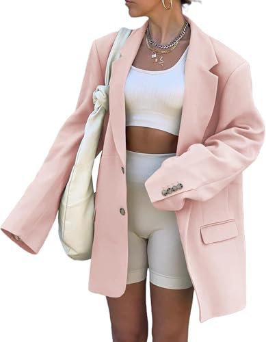 Blazer Donna Casual Elegante a Maniche Lunghe con Risvolto Oversize Blazer Allentato a Tinta Unita con Bottoni di Moda Giacca Leggera da Ufficio (Rosa,L)
