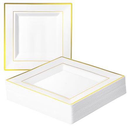 MATANA 40 Weiße Plastikteller mit Goldrand (Eckig, 24cm) - Mehrweg Kunststoffteller, Partyteller für Hochzeiten, Geburtstage, Partys - Elegantes & Stabiles Partygeschirr