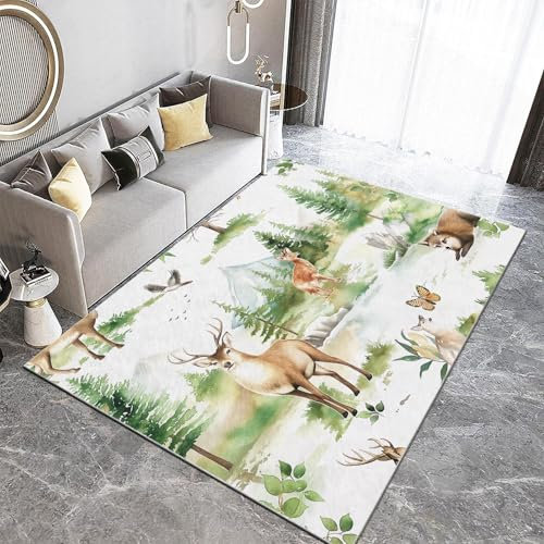 Generisch Teppich Wohnzimmer Schlafzimmer 3D Aquarellstil Wald Tiere Kurzflor Teppiche rutschfeste Spielteppiche Grün Kinder Erwachsener Weichem Flanell Teppiche 60 x 120 cm