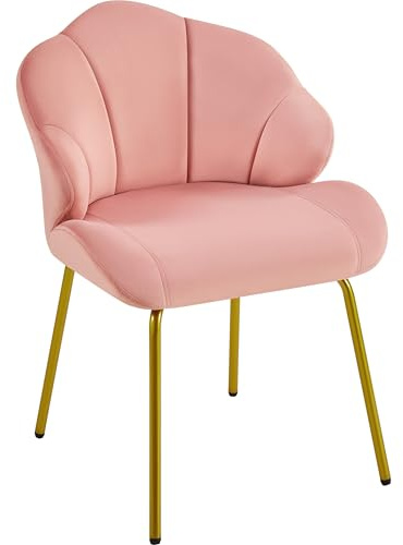 Yaheetech Fauteuil de Salon Moderne, Design Coquillage, Chaise de Chambre à Coucher Confortable, Rembourré, Ergonomique, Fauteuil en Velours avec Dossier, Pieds en Métal Plaqué Or, Rose