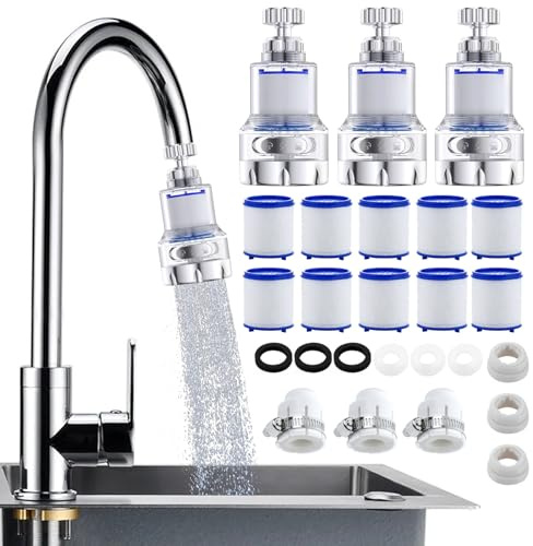 3 Pack Sink Water Filter Faucet, Universal 360° Swivel Faucet Filter, for Kitchen Sink, 3 Modes Bathroom Faucet Filter Chlorine Fluoride Removes Heavy Metals Hard Water for Home Kitchen and Bathroom
