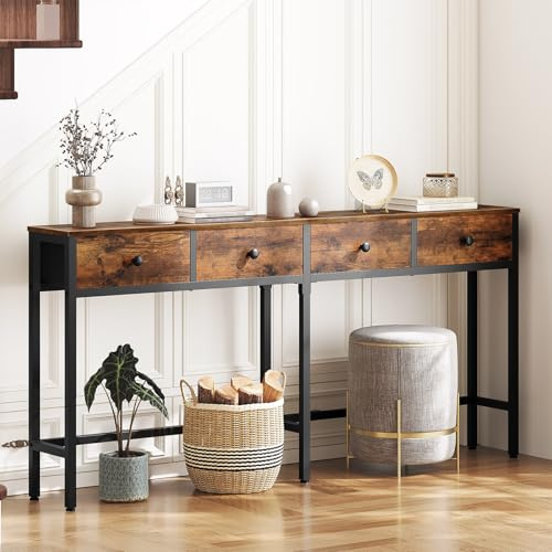YATINEY Konsolbord smalt, 160 cm, långt hallbord, entrébord med 4 lådor, för entré, hall, vardagsrum, vintagebrunt-svart XCT40BR