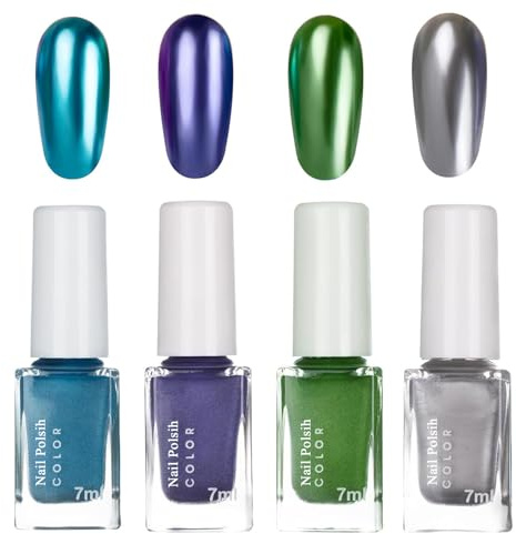 4Pcs Metallic Nagellack Set - 7ML Spiegelnagellack Effekt Schnelltrocknend Chrom - High Gloss Metallischer Nagellack - Mirror Effekt Shiny Chrome Nail Polish Entfernen Kratzfest, Kein UV Nötig