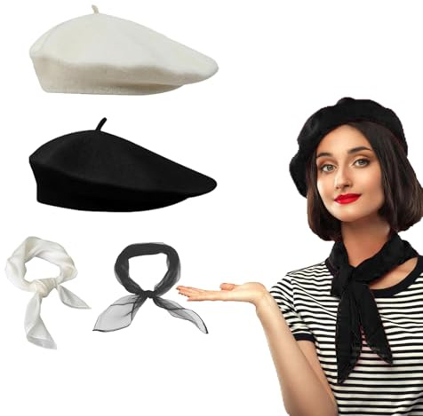 QSZHSL 4 Stück Baskenmütze, Beret Damen, Französischen Beret, Frauen Klassische Der Französische Künstler Baskenmütze Barett, 50er Jahre Damen Kleid Zubehör 1950s Kostüm Set