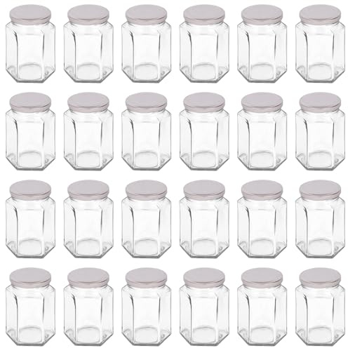 Argon Tableware 250ml Hexagonal Glass Jam Jars with Silver Lids - 24x Empty Screw Top Kitchen Food Honey Spice Chutney Preserving Canning Storage Jar Container Glasses Set