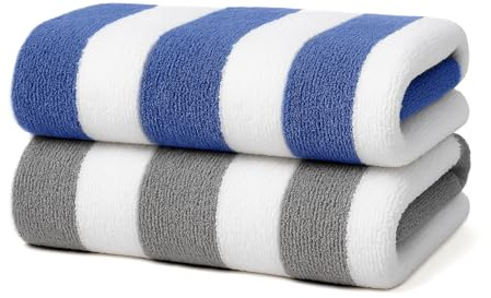 Velosso 2 Pack Cabana Stripe Large Beach Towels 100% Cotton Super Absorbent Beach Swim Pool Swim Quick Dry Camping Holiday Sauna Towel (Blue x 1 Grey x 1)