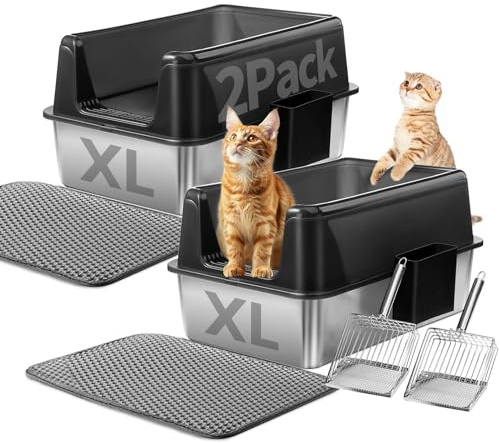 Marchul 2-pack kattsandsbricka, XL rostfritt stål kattlådor 60 x 40 x 31 cm, extra stor, anti-urinläckage, icke-klibbig, lätt att rengöra, repas inte, (Inkluderar matta och metallskopa)