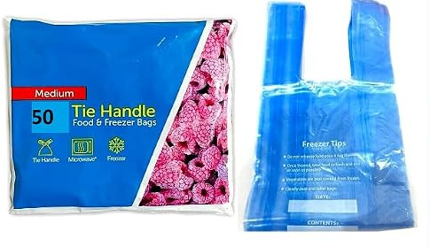 Food Storage Freezer Bags with Tie Handle, Medium Size, Pack of 50, Freezer Safe