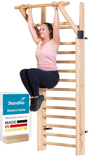 Skandika Vira Espalier en Bois | Espalier Adultes, Made in Germany, frêne Massif, avec/sans Barre de Traction, prémonté/à Monter, Max 130 kg (Espalier Vira à Monter soi-même avec Barre de Traction)
