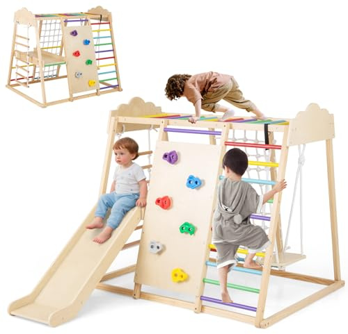 HOMASIS Klettergerüst Indoor, 8 in 1 Kletterdreieck mit Rutsche Schaukel Strickleiter Kletterleiter Kletternetz Kletterfelsen & Affenstangen, Spielplatz Kletterspielzeug Holz ab 3 Jahren (Bunt)