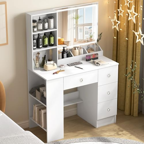 Vescence Toeletta Trucco 3-in-1 con Specchio Luci LED - Postazione Makeup, Scrivania e Comodino - Toeletta Bianca Moderna 90 cm, Maniglia Diamante