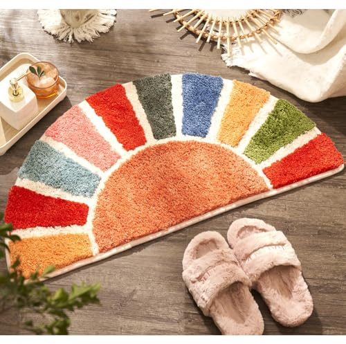Dermalyx Sonnenaufgang Boho Badezimmer Teppich, Halbkreis Badematte, Bunte Sonne Badematten, Retro Bohemian Badezimmer Deko, Lustiger Halbrund Duschteppich 40 x 76 cm
