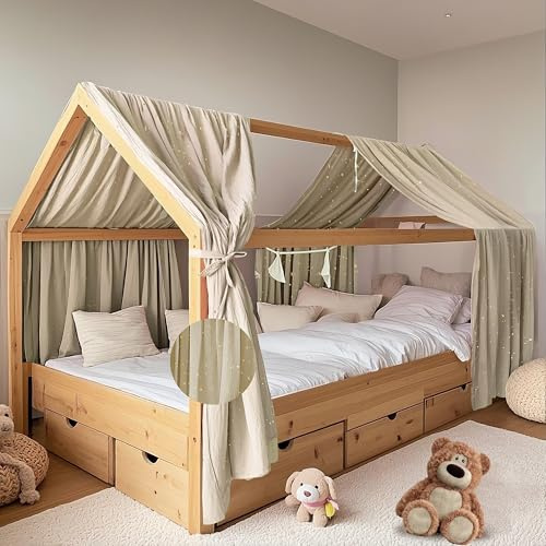 FloraVigo Hausbett Himmel mit Gold Applikation 2 Stück, handgefertigt aus 100% Baumwoll-Musselin, Stoffhimmel zur Hausbettdekoration, für Mädchen und Jungen (Hellbeige, 2er Set 65 x 270 cm)