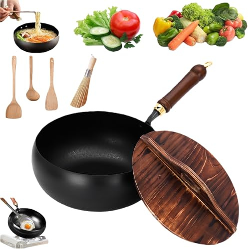 Yagerod Schwere Gusseisen-Bräter Unbeschichtet, Handgeschmiedeter Kochtopf, Handgeschmiedeter Eisentopf Mit Großem Bauch Für Küche, Anbraten, Sautieren, Kochen(Holz,20CM)