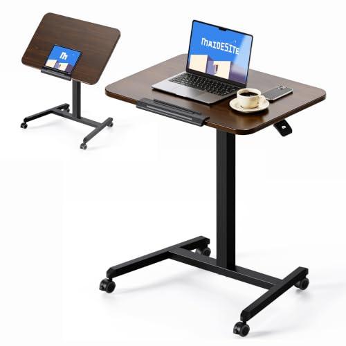 MAIDeSITe Table d’appoint Mobile avec roulettes, réglable en Hauteur 76–110 cm, Plateau inclinable Pliable, Table pour Ordinateur Portable, Bureau Assis-Debout pour télétravail et Maison（Noyer）