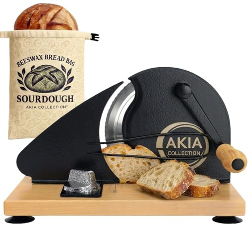 Manual Bread Slicer for Homemade Sourdough Rounds with Beeswax Bread Bag (2-in-1 Set) – Hand Crank Bread Cutter, Adjustable Thickness, Guide Rail, Uniform Artisan Slices