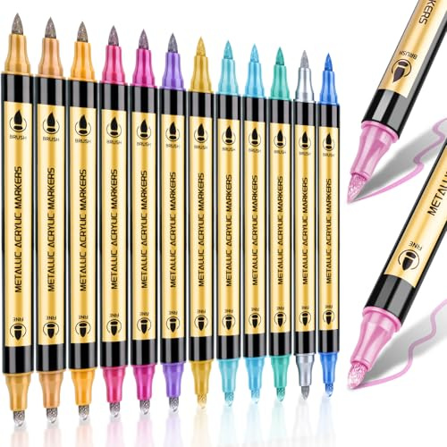 DUULEMANG 12 Farben Metallic Marker Stifte Set, Dual Tip (Pinsel & Fein) Metallic Acrylstifte für Stoff, Holz, Glas, Glitzerstifte für Gästebuch, Fotoalbum, Scrapbook Zubehör Kunstset