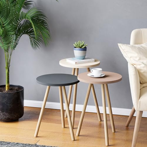CARENZA HOME Beistelltisch Rund 3er Set 34 cm Holzbeine Wohnzimmer