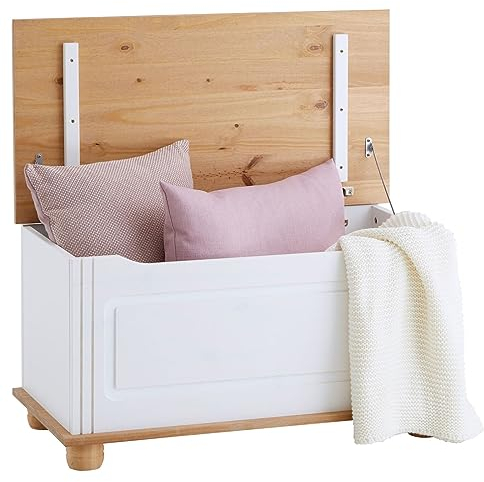 IDIMEX Sitztruhe Truhenbank Bristol, Sitzbank Bank Holzbank Truhe im Landhausstil mit Klemmschutz, Kiefer massiv, weiß/braun lackiert