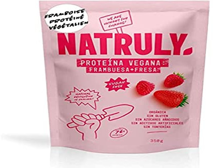 NATRULY Proteína Vegana BIO Fresa y Frambuesa, 76% Proteína, 100% Natural Sin Azúcar, Sin Gluten, Sin Lactosa, Sin Soja -350g