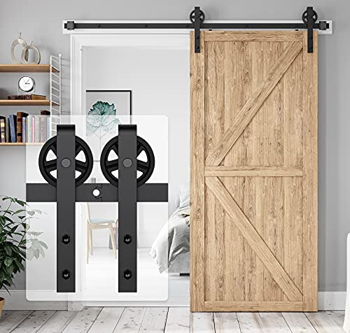 HomLxaLx 6.6FT Heavy Duty Barn Door Hardware Kit, Sliding Barn Door Hardware Kit for Wood Single Barn Door, Fit 1 3/8-1 3/4 Thickness & 40 Wide Door Panel, Black, Industrial Big Wheel J Hangers