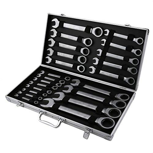 Clés Plates à Cliquet 22 Pièces, 6-32 mm Jeu de Clés à Cliquet Mixtes Clef Plate a Cliquet, Clé à Fourche, Clé Polygonale