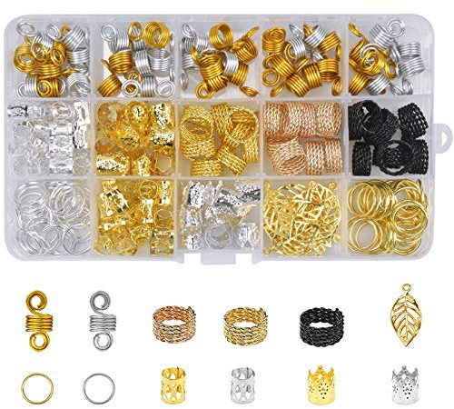 Skyzone Haarperlen, Aluminium-Haarspulen, Haarklammern, Dreadlocks-Zubehör, Metall-Haarmanschetten, Haarzopfringe, dekorativer Haarschmuck, Haaraccessoires für Zöpfe, Aufbewahrungsbox, 200 Stück